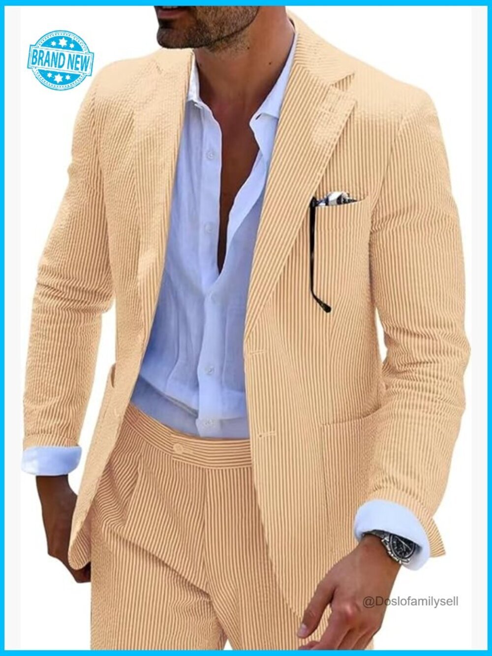 Seersucker Suit Set Slim Fit Formal Wedding Summer Groom Outfit Classic